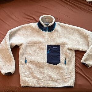 Patagonia Retro X Off-White Sherpa Fleece Jacket with Dark Blue Details